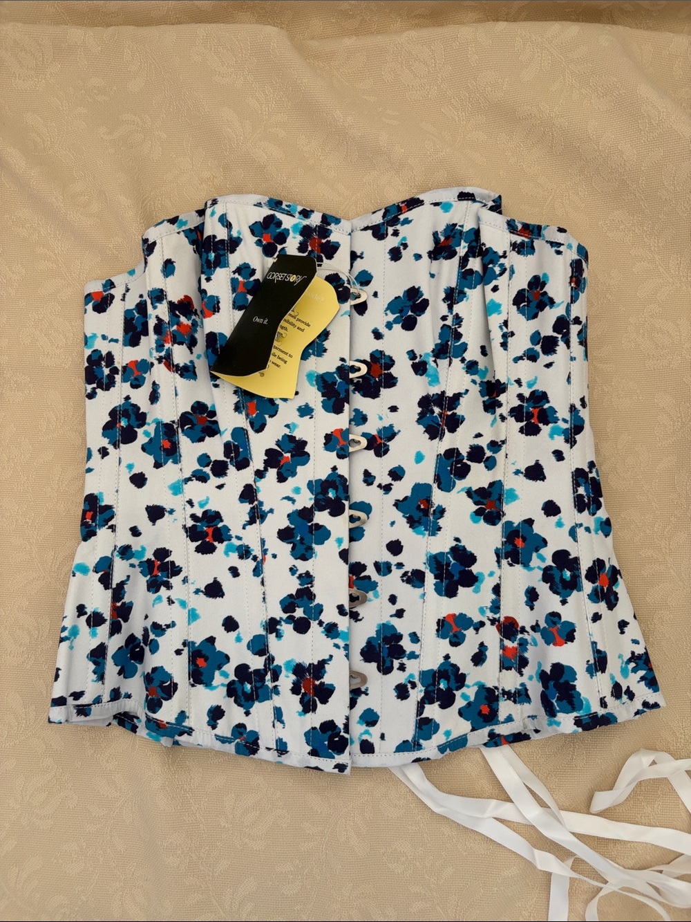 Floral White Strapless Corset Top with Navy & Teal Print